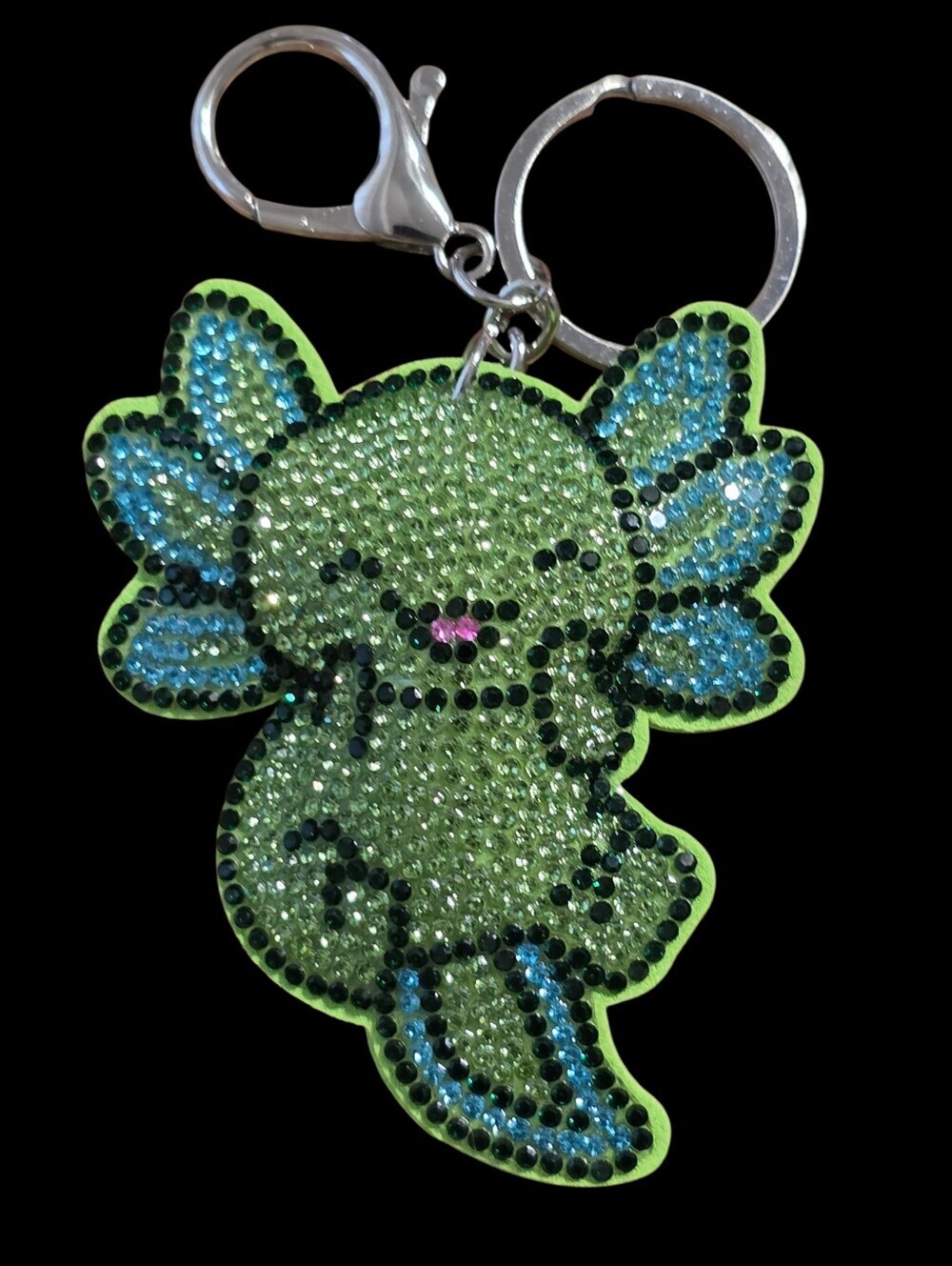 Green Crystal-Accented Cute Axolotl Bag Charm Keychain